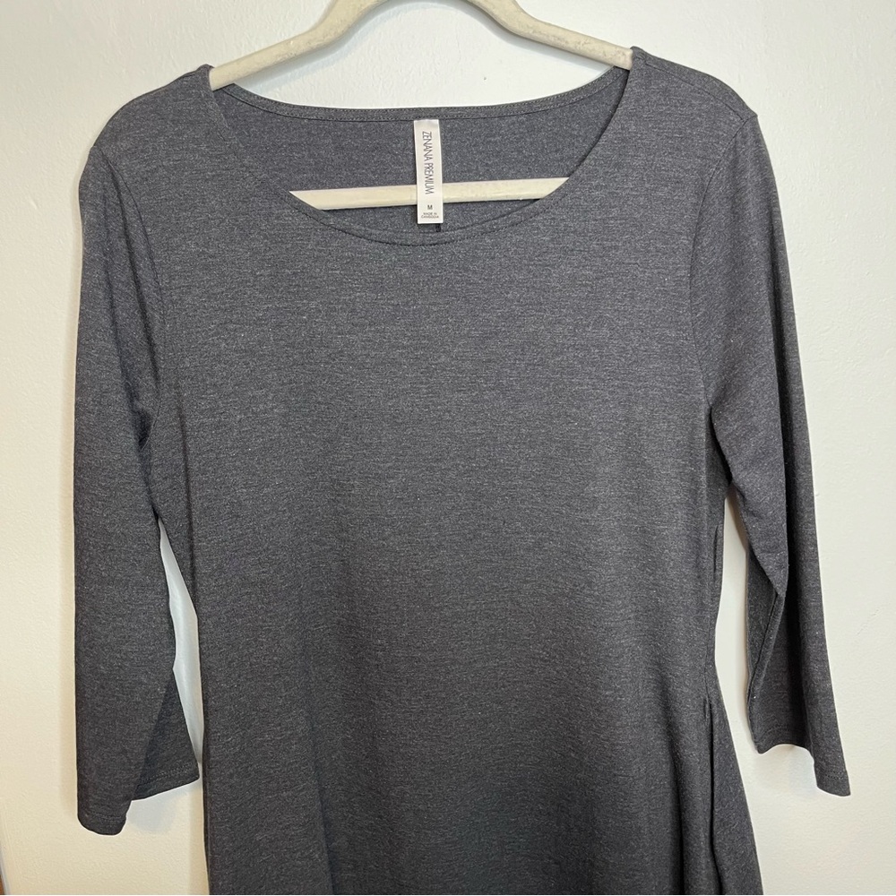 Zenana Premium Gray Dress Medium Pockets Round Neck A Line 3/4 Sleeves EUC - Picture 3 of 11
